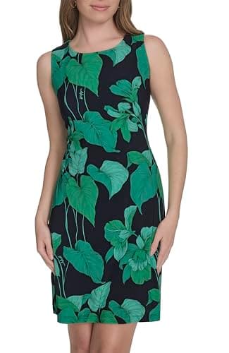 Tommy Hilfiger Women's Sleeveless Crew Neck Floral Print Jersey Shift Dress, Sky Captain Multi, 6