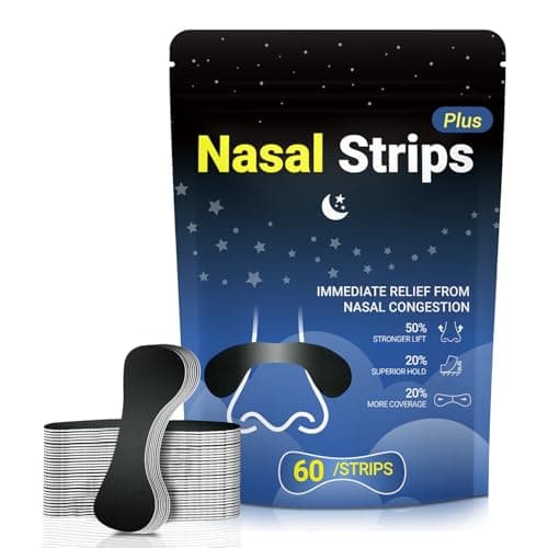 60 Pcs Nasal Strips for Snoring - Extra Strength Nose Strips for Breathing with Strong Adhesion - Sweat Resistant Design for All Day Use - Improves Sleep and Workout Performance - Black