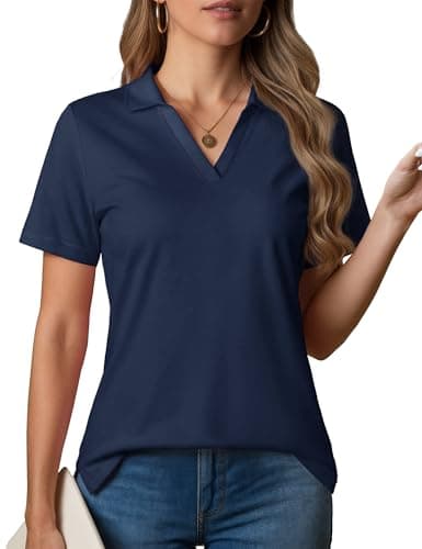 MAGCOMSEN Women's Polo Shirts V-Neck Short Sleeve UPF 50+ Sun Protection Collared Golf Shirt Work Summer Tops Navy Blue M