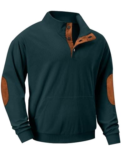 JMIERR Mens Warm Corduroy Sweatshirt Casual Stand Collar Quarter Metal Button Pullover Sweaters Long Sleeve with Pockets, 3XL, Green