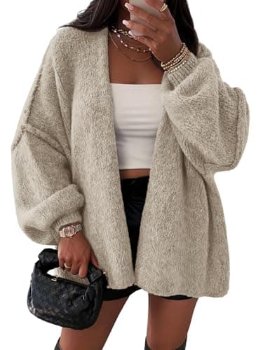 ATHMILE Womens Fall Oversized Cardigan Sweaters Long Lantern Sleeve Knit Open Front Lightweight Winter Fashion Clothes 2026 Grey Beige