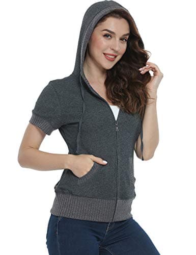 MISS MOLY Women's Short Sleeve Hoodie Full Zip Up Cotton Slim Fit Sweatshirt with Pocket Gray S
