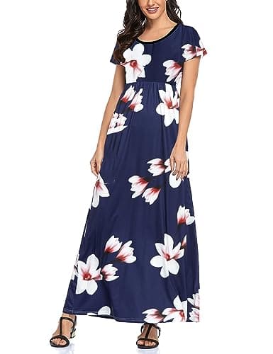 Lacavocor Womens Short Sleeve Maxi Dresses Empire Waist Long Dress, Medium, D23-Seamless Magnolia