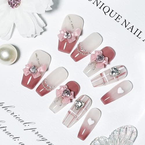 JODSONE Press on Nails 3D Handmade Pink Bow Rhinestone Jelly Square Wearable Nails - Medium
