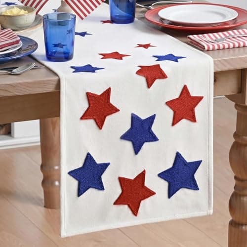 Artoid Mode Soft Chain Embroidery Patriotic Stars 4th of July Table Runner, Memorial Day Kitchen Dining Table Decoration for Home Party Decor 13x72 Inch