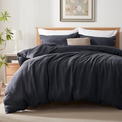 TOSMO 100% Linen Duvet Cover Set Queen Size, 3 Piece Button Closure