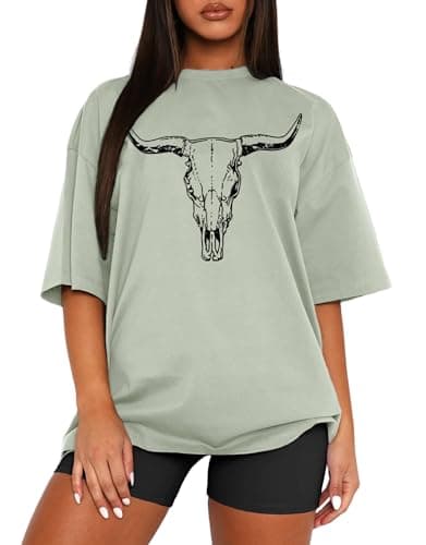MAPICK Women Cow Skull Graphic Tops Crewneck Short Sleeve T-Shirts Western Wear Vintage Casual Tees(Sage Green,Small)
