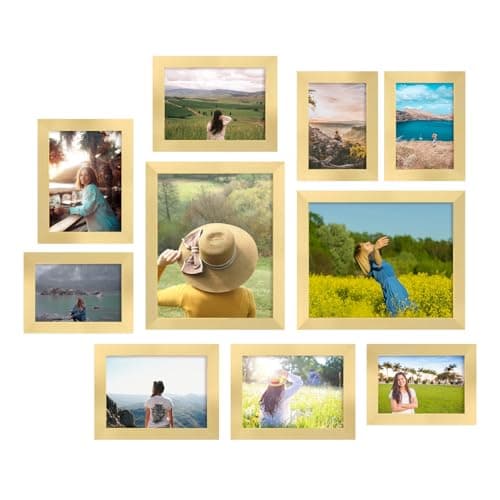 iRahmen Collage Picture Frames Set of 10, Wall Decor for Mounting or Tabletop Display, Family Photo Gallery Frame Set - Multi Sizes Including Two 8x10, Four 5x7, Four 4x6, HD Glass, Wooden, Gold