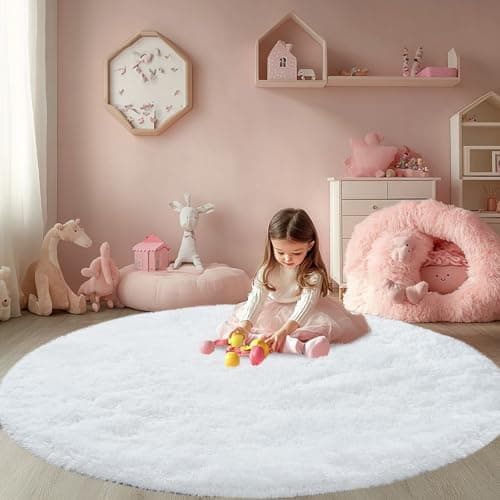 Round Rugs for Bedroom White : 3ft Fluffy Circle Area Rug for Kids Room- Furry Fuzzy Carpet for Girls Room- Soft Plush Rug for Dorm, Baby Rug