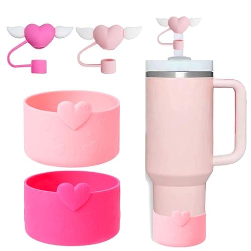 HIUSITY Valentine's Day Heart Straw Cover Topper+Silicone Boot Protector for Stanley Cup,Cute 10mm Straws Toppers Covers Cap+Boots for Stanley Tumbler 30&40oz,Stanleys Cups Accessories,PinkRose