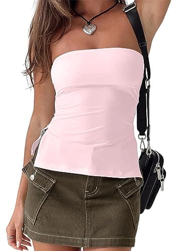 MISSACTIVER Women Y2K Strapless Backless Tube Tops Sexy Off Shoulder Side Split Bandeau Going Out Tank Tops(Medium, Pink)