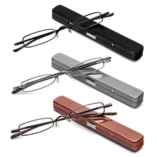 MMOWW Small Reading Glasses Men Women 3 Pairs Slim Pocket Readers with Pen Clip Metal Case Spring Hinge (Black+Brown+Gun Colors,+1.0)