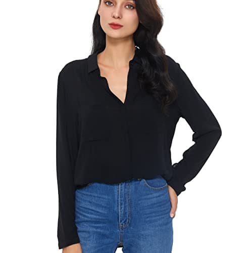 SUKIANSY Womens Button Down Shirt Long Sleeve Button Up Shirt Ladies Work Blouses Loose Fit Tops A Black M