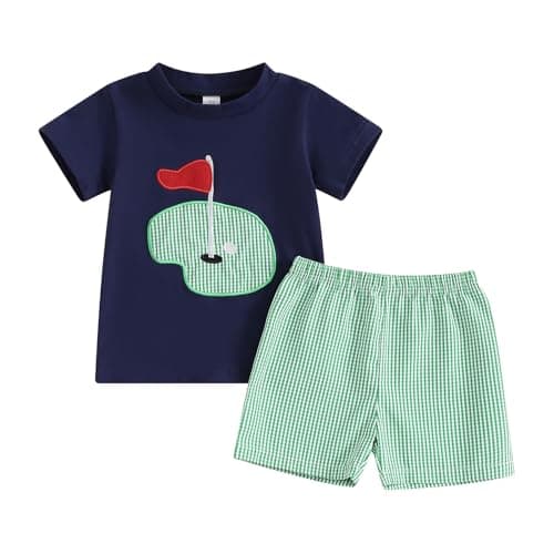 Chloefairy Toddler Baby Boy Golf Outfit Golf Hole T Shirts Top Plaid Shorts Set 2Pcs Golf Birthday Infant Summer Clothes (Blue, 18-24 Months)