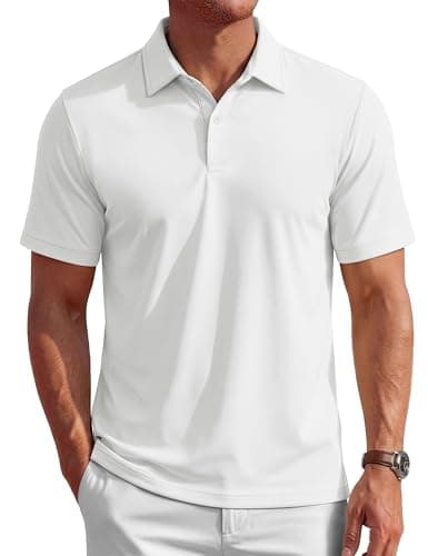 MAGCOMSEN Mens Polo Shirts Short Sleeve UPF 80+ Golf Polos Moisture Wicking Performance Casual Collared Shirt White