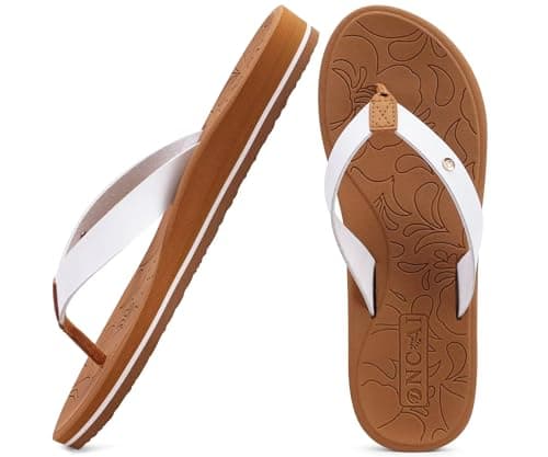 ONCAI Womens Flip Flops for Women Arch Support Yoga Mat Summer Beach Leather Woman Dressy Thong Sandal for Women 2026 with Plantar Fasciitis Walking Ladies Thong Sandal Outdoor White/Khaki Size 11