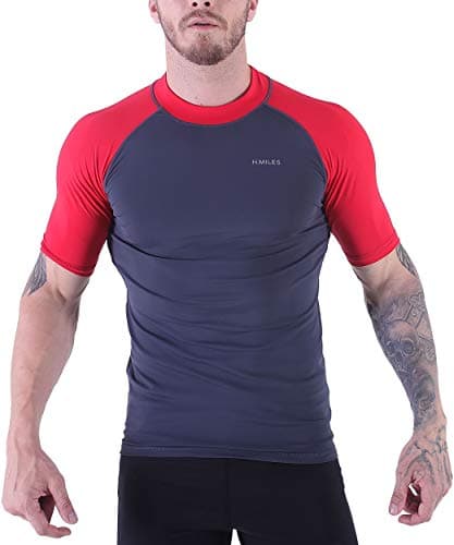 V VICROAD Mens Short Sleeve Rash Guard Swim Shirt Athletic Surfing Tee Asphalt/Fuchsin-3XL