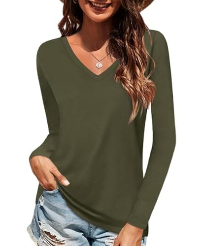 Elesomo Long Sleeve Shirts for Women Tops V Neck Cotton Tshirts Basic Tee, Army Green XXL