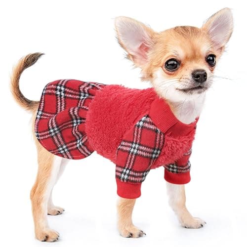 Dog Sweaters for Small Dogs Male Female Winter Dog Clothes, Warm Fleece Puppy Dress Girl Boy Princess Plaid Dresses, Shih Tzu Pet Festival Outfits Apparel, M, Red