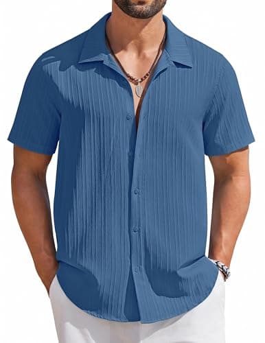 COOFANDY Men's Short Sleeve Casual Button Down Shirts Textured Summer Beach Shirt Dark Blue