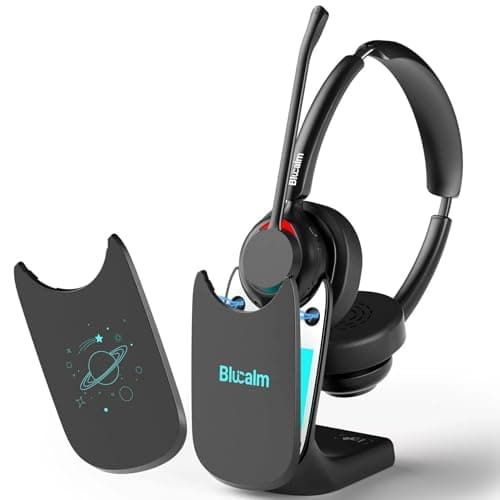 Blucalm Wireless Headset with Mic for Work, Noise Cancelling Wireless Headphones for Work from Home，Office，WFH, Teams, Zoom，Computer. Headset with Charge Stand & 2.4 G USB Dongle.