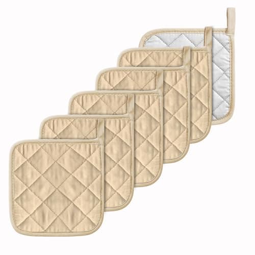 Kitchen Pot Holders Set Heat Resistant Pure Cotton Potholders Kit Trivets Large Coasters Hot Pads Terry Pot Holders for Everyday Cooking and Baking by 7 x 7 Inch Set of 6 Beige