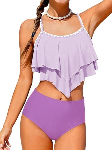 AMAWMW Girls Swimsuit 2 Piece Bikini Set Tiered Ruffled Bathing Suit Two Piece Girls' Swimwear with Chest Pad Purple 13-14Y
