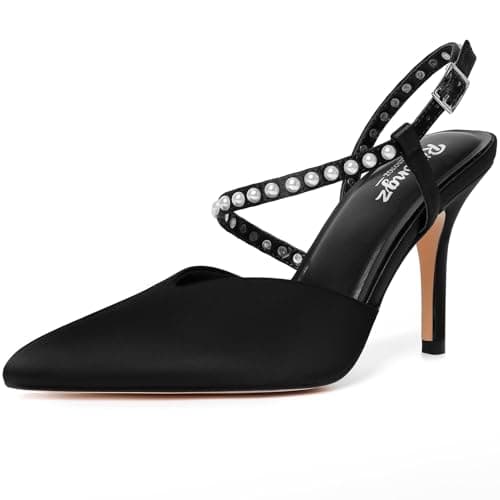 RINBONGZ Women's Pearl Black High Heels Pointed Closed Toe Wedding Shoes for Bride Stiletto Ankle Strap Satin Pumps Elegant Bridal Formal Party Evening Work Dress Shoes 8