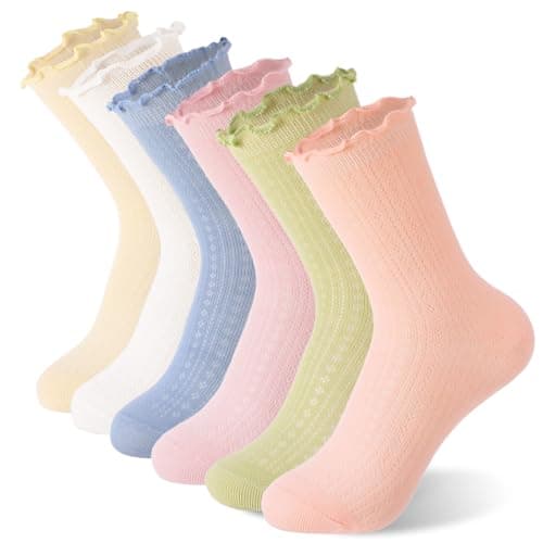 scenicamp 6 Pairs Girls Ruffle Socks Frilly Dress Crew Socks Cotton Stretch Ankle Sock for Ages 8-10 Years Old
