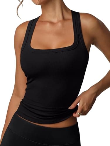 REORIA Built in Bra Tank Tops for Women Summer Sleeveless Racerback Square Neck Casual Basic Ribbed Tops 2026 Trendy Shirt Black Medium