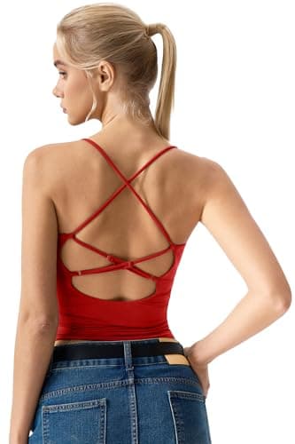 QINSEN Women's V Neck Tank Top Open Back Double Lined Going Out Top Sleeveless Slim Fitting Cami Shirts Red S