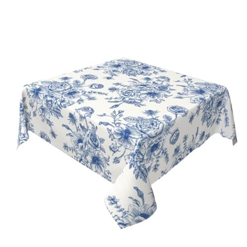 Sorktse Blue Floral Tablecloth Square 60 x 60 Inch Chinoiserie Flowers Table Cloth Polyester Fabric Vintage Spring Summer Farmhouse Table Cover for Kitchen Party Dining Picnic Outdoor Decor
