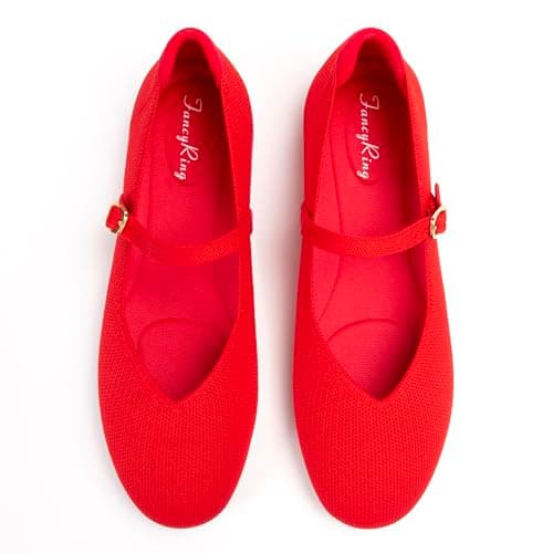 FancyRing Flats for Women Mary Jane Shoes Knit Round Toe Ballet Flats with Strap Womens Comfortable Work Flat,Size 8.5,Red