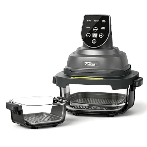 Tixixc 5-in-1 Glass Air Fryer for Healthy Oil-Free Cooking, Portable 1500W Countertop Cooker with 4QT & 6-Cup Glass Bowl, Non-Toxic Design & Dishwasher Safe for Single & Family Meals