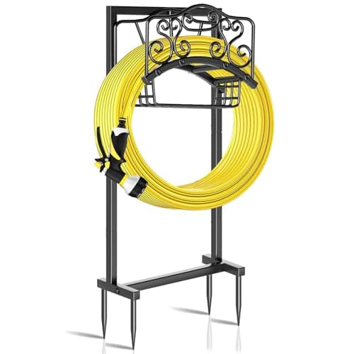 FaloStwer Garden Hose Holder - Upgraded Water Hose Holder Holds, Heavy Duty Metal Freestanding Hose Stand Sturdy, Detachable Garden Hoses Storage Rack for Outside Yard Lawn (Black)
