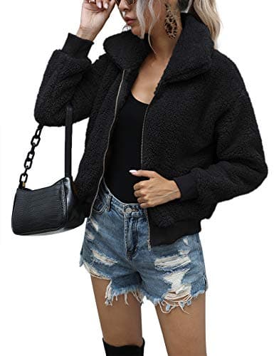 AKEWEI Women Fuzzy Fleece Coat Sherpa Bomber Jacket Zipper Poopy Sweater with Pocket Black