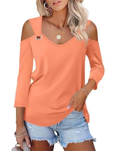 Minetom Women's V Neck 3/4 Sleeve Shirts Cold Shoulder Tops 2026 Fall Tees