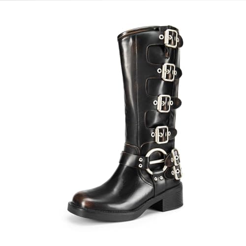 DREAM PAIRS Women's Knee High Riding Boots Side Zipper Motorcycle Boots Square Toe Chunky Heel Fashion Buckles Biker Boots,Size 6,Black/Brown,SDKB2416W