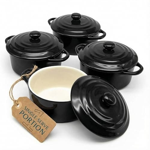 Kook Ceramic Mini Cocotte Set, Small Casserole Dishes with Lids and Handles, Individual Baking Ramekins, Oven safe 350F, Microwave & Dishwasher Safe, Stoneware, 12 oz, Set of 4, (Black)