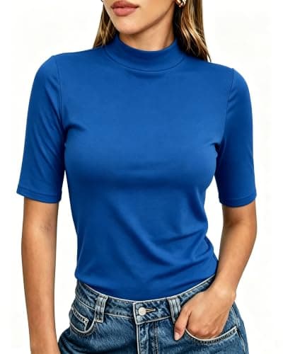 Bluetime Women Tops Half Sleeve Mock Turtleneck Tee Shirts Casual Slim Fit Basic Shirt Blouses(M,Royal Blue)