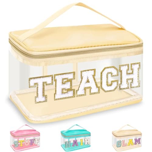 Teacher Appreciation Gifts Chenille Letter Clear Makeup Bag TEACH Pouch, Preppy Patch Makeup Bag Zipper with Handle Nylon Travel Cosmetic Bag Graduation Retirement Teacher Gifts for Women(TEACH-Beige)
