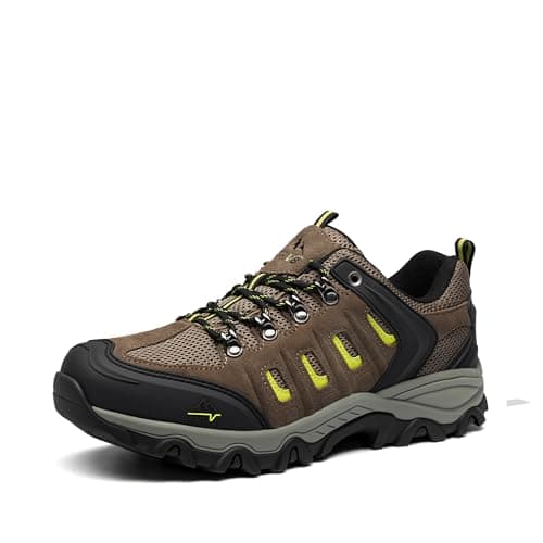 NORTIV 8 Men's Waterproof Hiking Shoes Leather Low-Top Hiking Shoes for Outdoor Trailing Trekking Camping Walking,Size 7,Black/Brown/Yellow,Quest-1