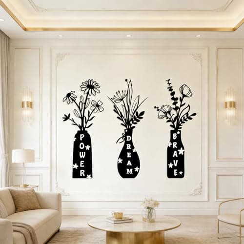 3 Pack Floral Vase Wall Decals - Power Dream Brave Inspirational Stickers, Removable Black Vinyl Wall Art for Bedroom, Living Room, Home Office, Apartment Dorm Decor