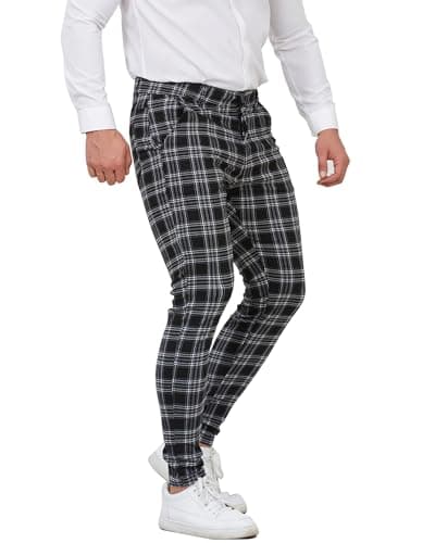ALLELMS Mens Chinos Casual Pants Slim Fit Stretch Flat-Front Black Plaid Dress for Men 30