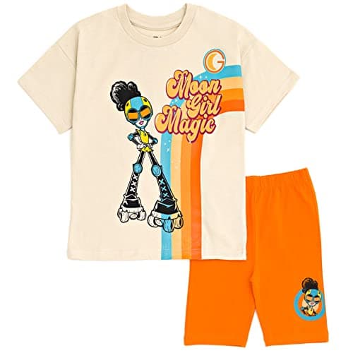 Marvel Moon Girl and Devil Dinosaur Little Girls Oversized Drop Shoulder T-Shirt & Bike Shorts Outfit Khaki/Orange 4