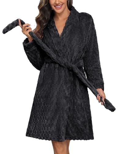 Ekouaer Black Bathrobe for Women Fleece Plush Robes Knee Length Warm Ladies Sleep Robe Jacquard Sleepwear with Pockets Black L
