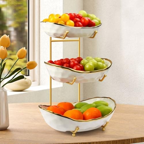OdoVow Fruit Bowl with Gold Metal Stand, 3 Tier Modern Ceramic Fruit Bowl Fruit Rack for Kitchen Counter, Tiered Fruit Basket for Snacks Bread Candy Storage (White,3 Tier)