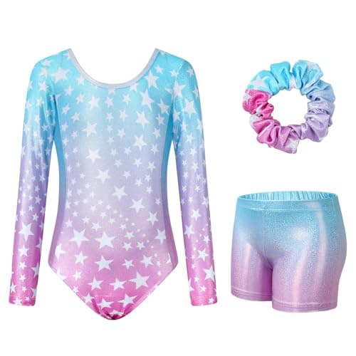 JiAmy Gymnastics Leotards for Girls Cross Back, Long Sleeve Sparkly Dance Biketards with Shorts Ballet Outfit for 6-7 Years Gradient Blue Stars