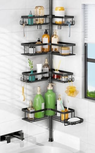 HAMITOR Shower Caddy Tension Pole: Corner Bathroom Organizer for Renters