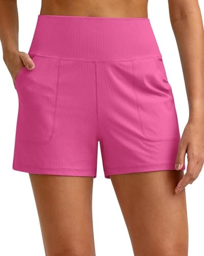 G4Free Running Shorts for Women Summer Trendy Casual High Waisted Workout Shorts Comfy Ribbed Lounge Active Gym Short Bottoms with Pockets(Hot Pink, XXL)